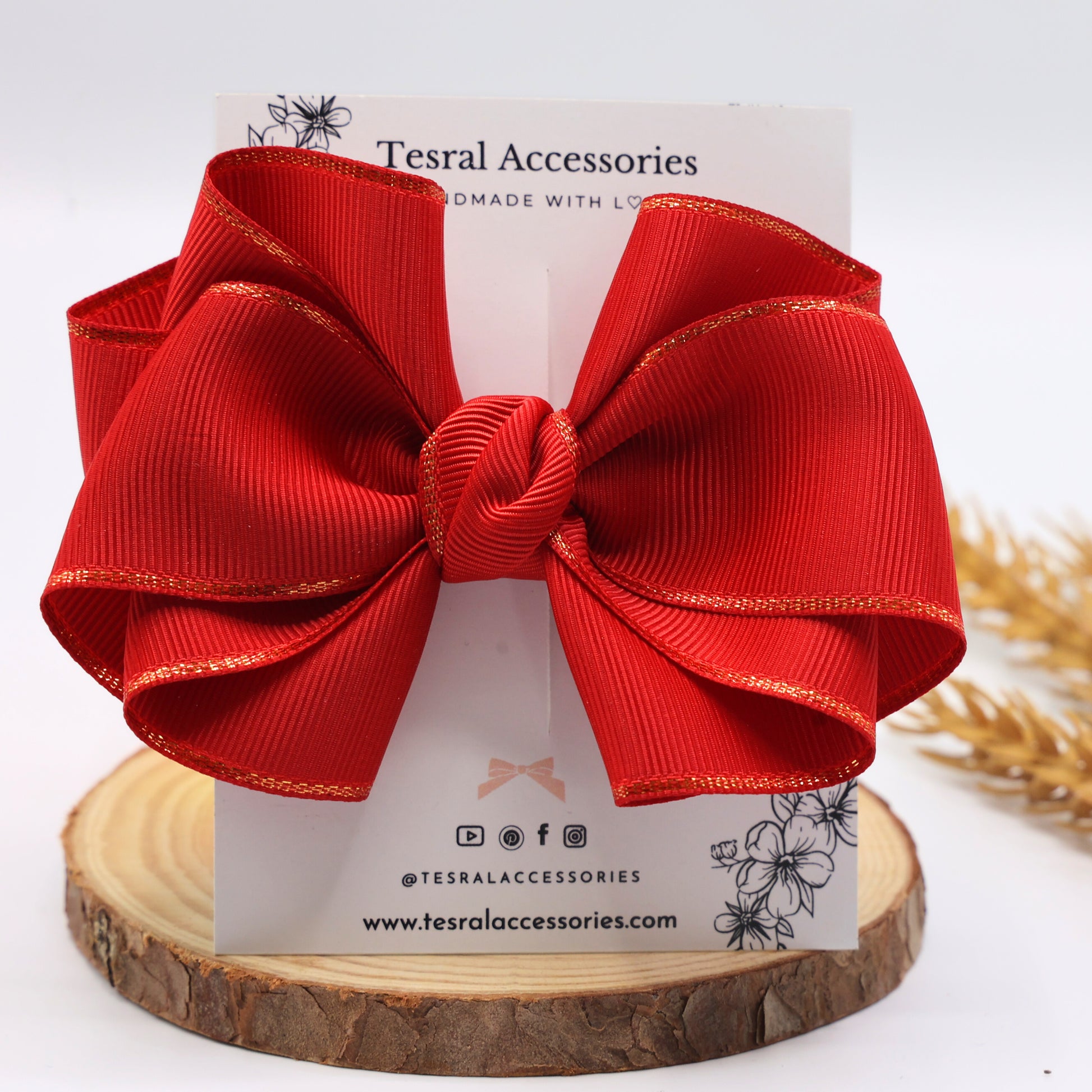 Tesral Party Pop Hair Bow for kids, red satin ribbon with metallic gold edges on 4.5 cm alligator clip, festive-ready design.