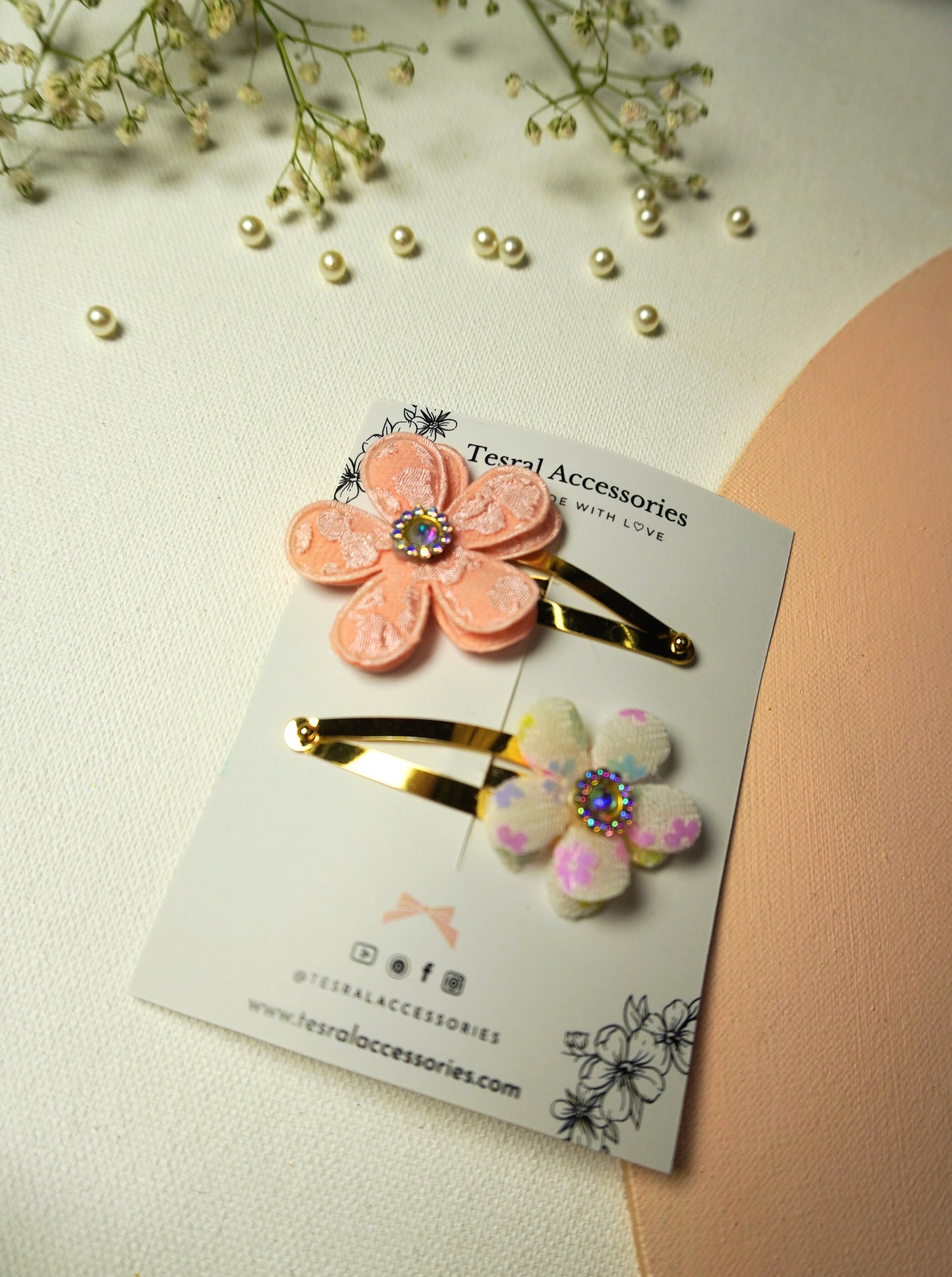 Tesral Accessories Peach Blossom flower hair clips with rhinestone centers