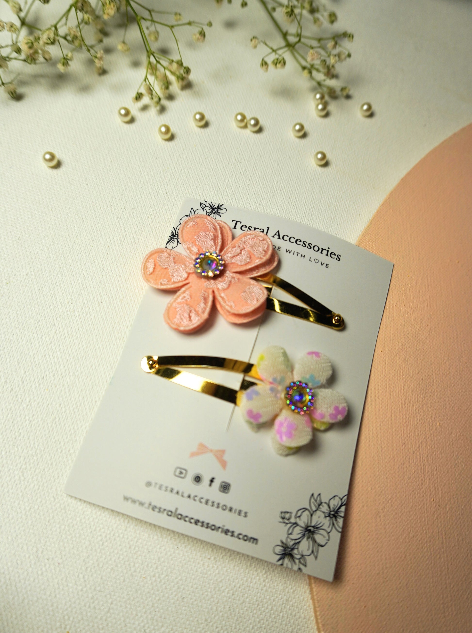 Tesral Accessories Peach Blossom flower hair clips with rhinestone centers