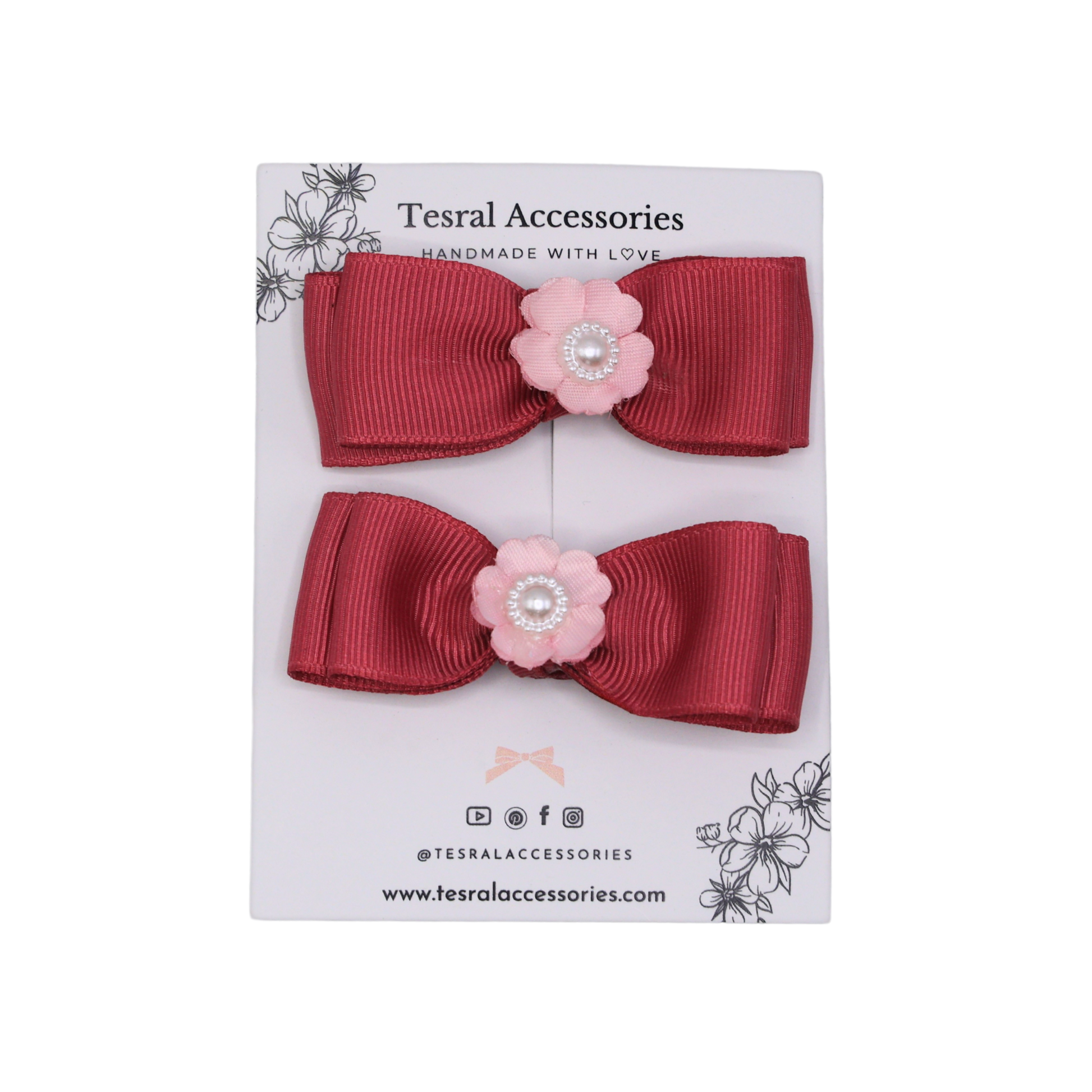 Close-up of Pearly Pink Hair Bow by Tesral, showing detailed flower centerpiece and clean ribbon fold.