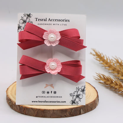 Pink Picnic Hair Bow for kids by Tesral, neat colonial pink grosgrain ribbon hair bow on 4.5 cm alligator clip with pearly flower centerpiece, perfect for daily wear.