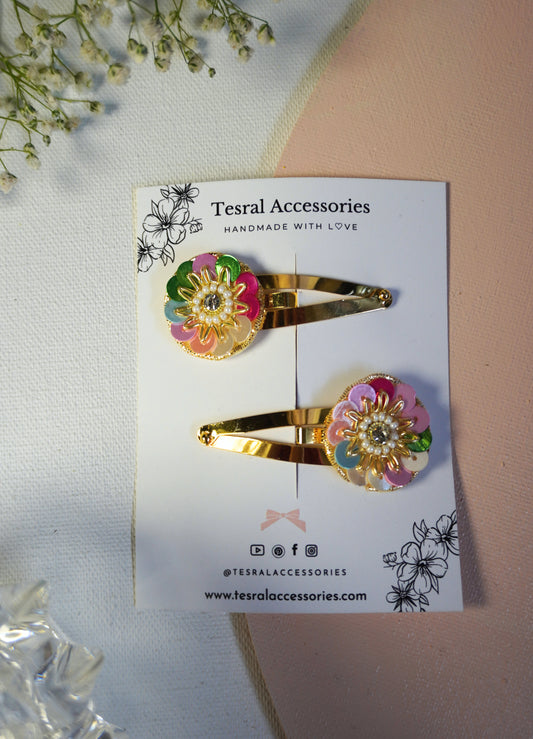 Rainbow Radiance multicolor floral hair clips by Tesral Accessories – perfect for Diwali and weddings