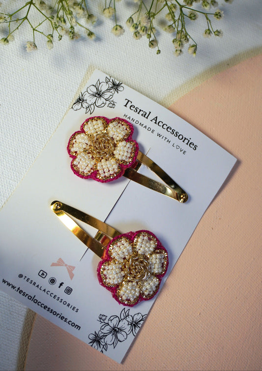Handmade beaded flower hair clips with pearls for Diwali and wedding occasions