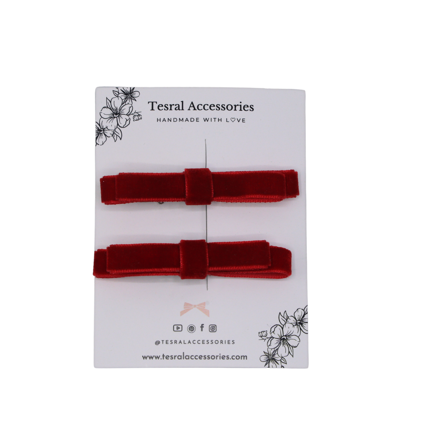 Close-up of Tesral Accessories Red Velvet Twin Bow hair clips, showcasing rich red velvet texture and structured twin bow design with alligator clip backing.