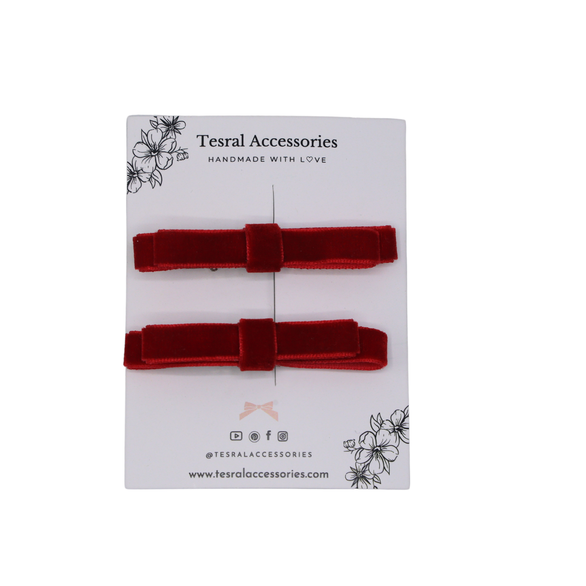 Close-up of Tesral Accessories Red Velvet Twin Bow hair clips, showcasing rich red velvet texture and structured twin bow design with alligator clip backing.