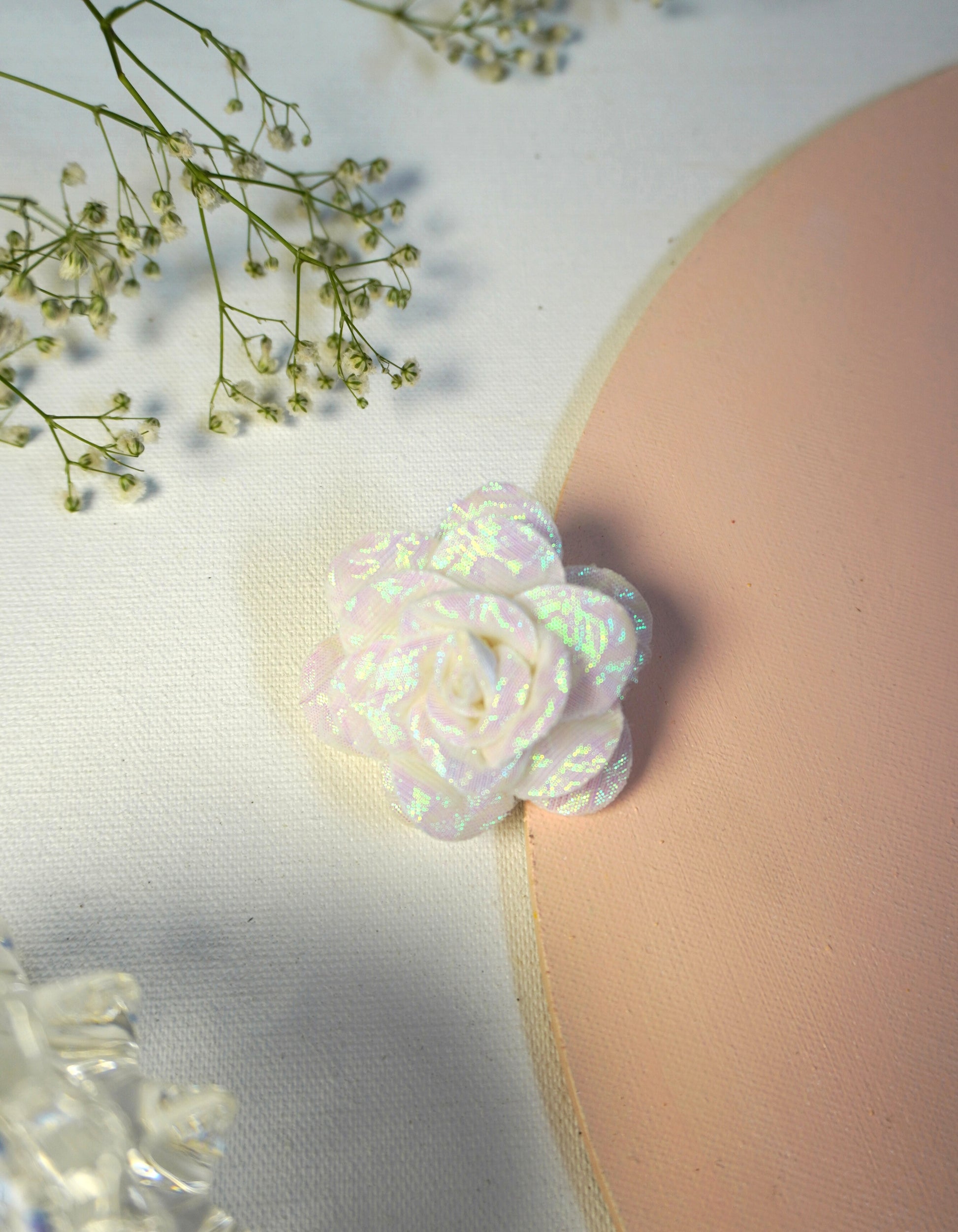 Rosette Clip in white iridescent flower applique design with alligator clip, multipurpose shimmer accessory for hair, bags, or dresses