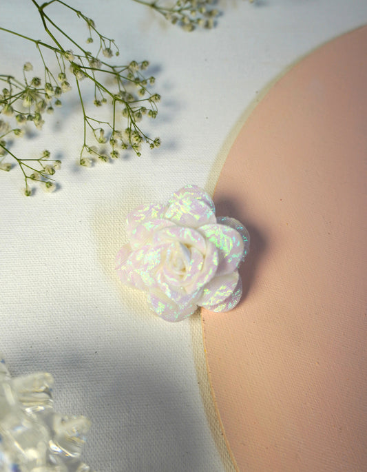 Rossette Clip in white iridescent flower applique design with alligator clip, multipurpose shimmer accessory for hair, bags, or dresses