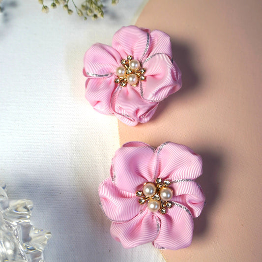 Pink grosgrain ribbon flower hair tie set with pearl centerpiece – Tesral Accessories toddler hair accessories