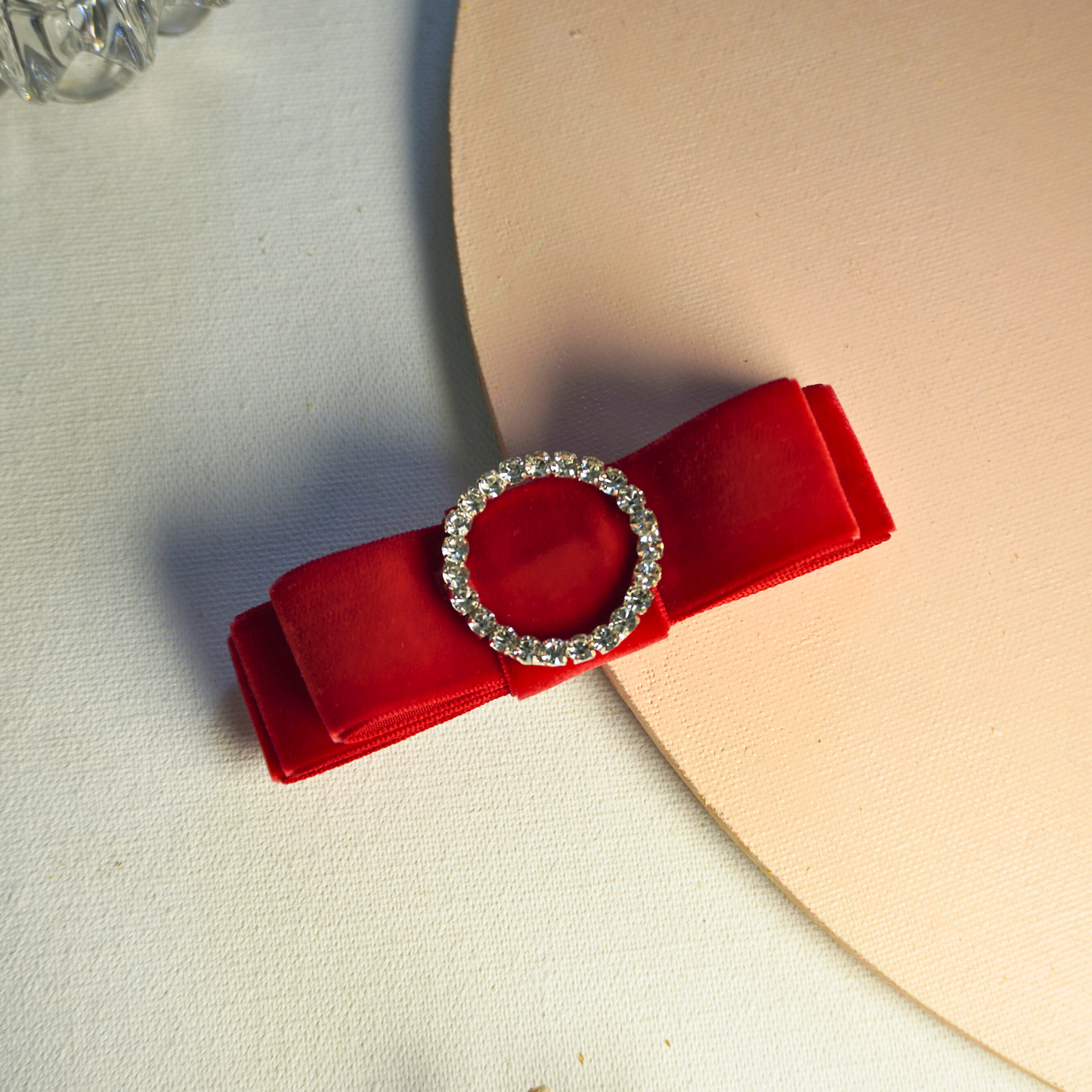 Red velvet hair bow with rhinestone center, party luxury hair accessory from Tesral 