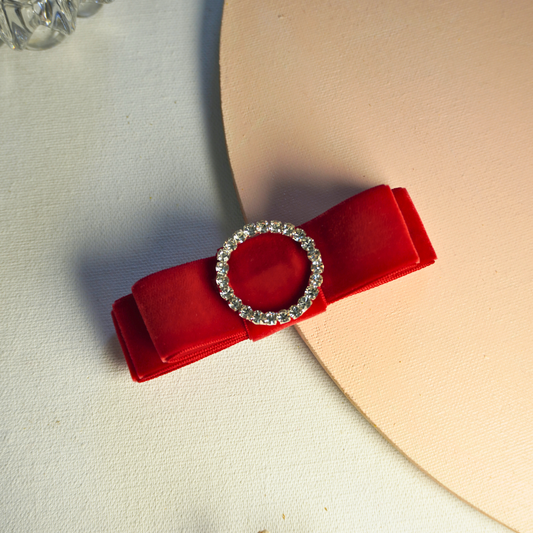Red velvet hair bow with rhinestone center, party luxury hair accessory from Tesral 