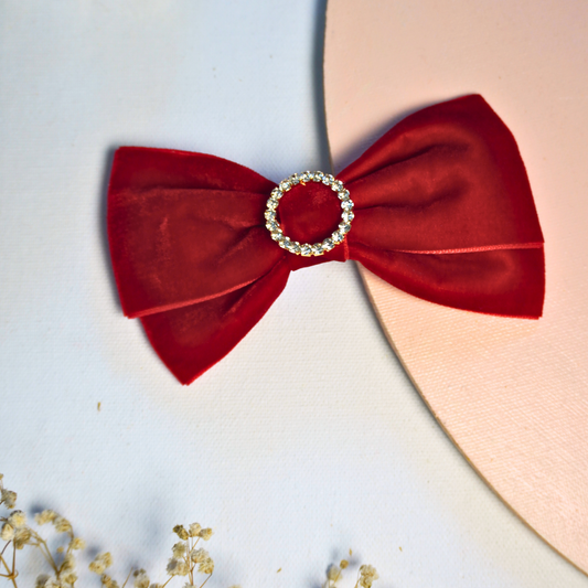 Red velvet hair bow with round rhinestone centerpiece, luxury festive party hair accessory from Tesral Midnight Glimmer Collection