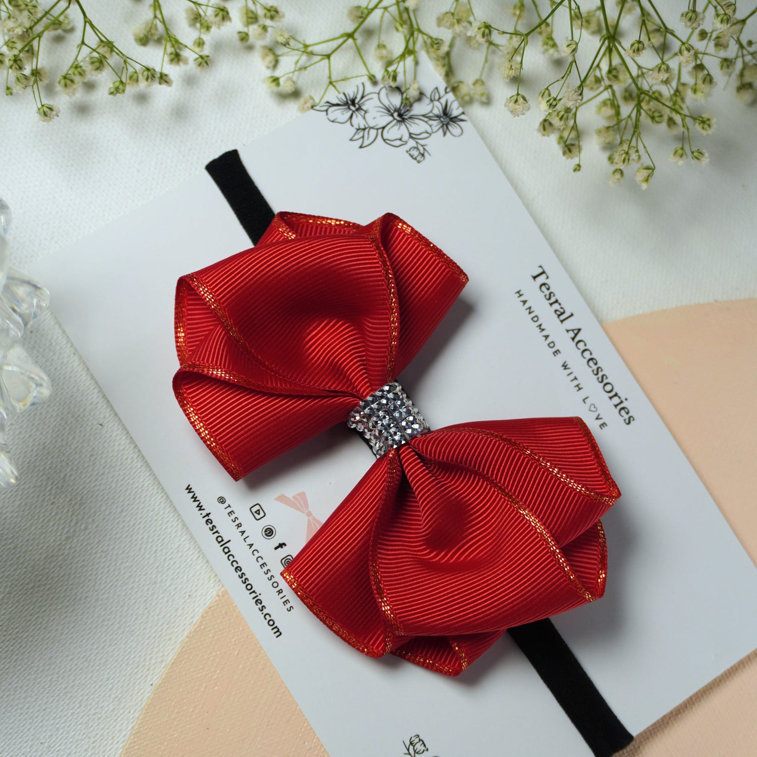 Tesral Accessories Ruby Glimmer red grosgrain bow on soft nylon infant headband