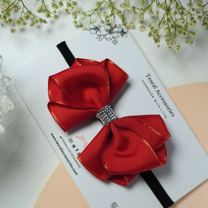 Tesral Accessories Ruby Glimmer red grosgrain bow on soft nylon infant headband