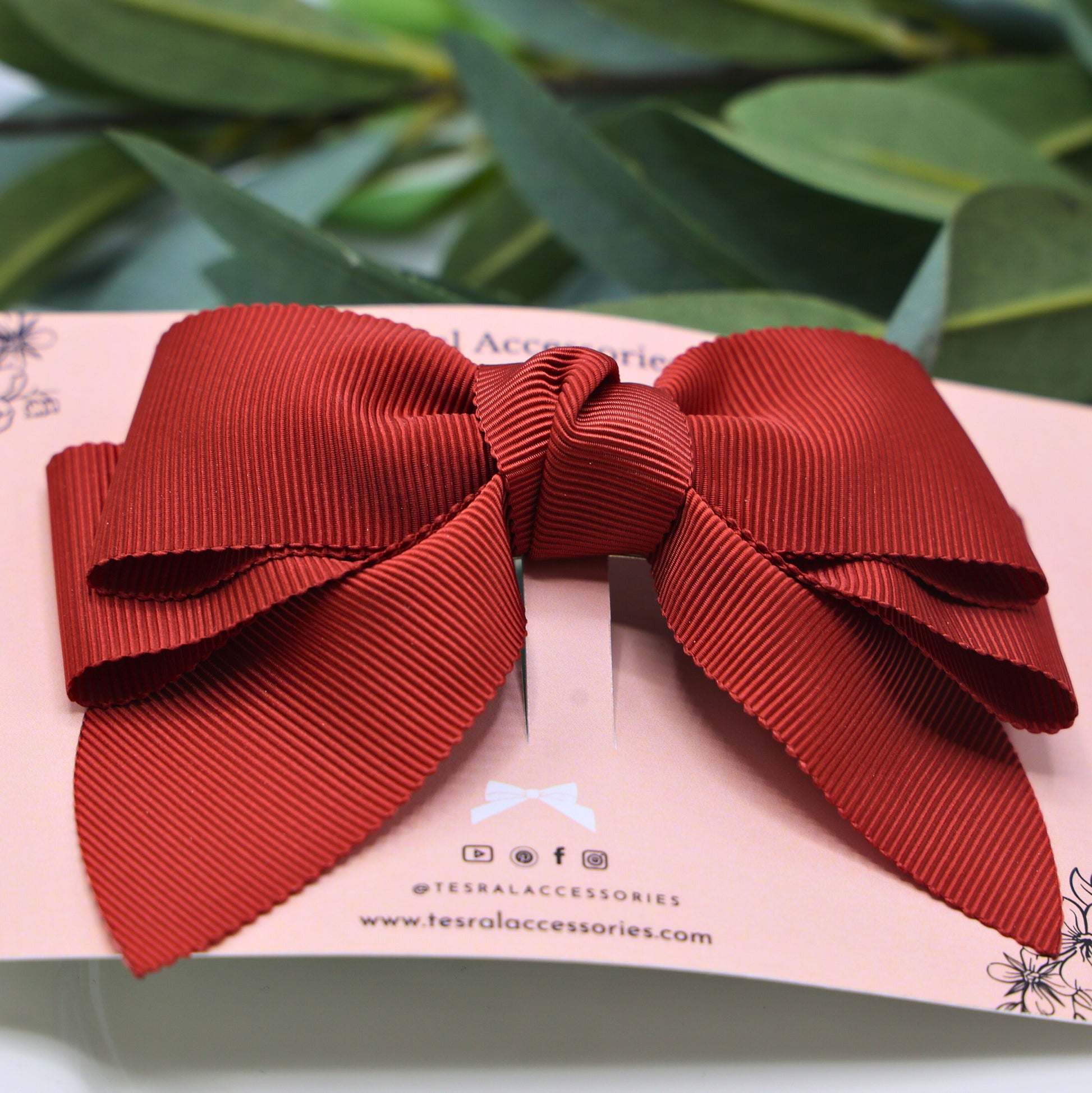 Rustique hair bow made from rust petersham grosgrain ribbon with double layers, displayed on Tesral Accessories card – elegant barrette clip for women and kids