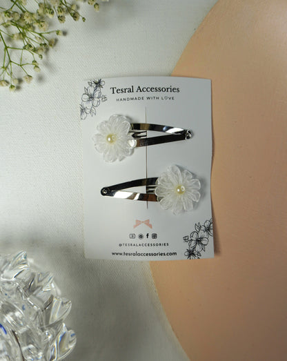 Delicate fabric flower hair clips with silver hardware for baby and toddler