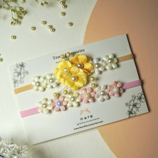 Tesral Accessories Sunflower Bloom infant headband duo with pearl and shimmer details
