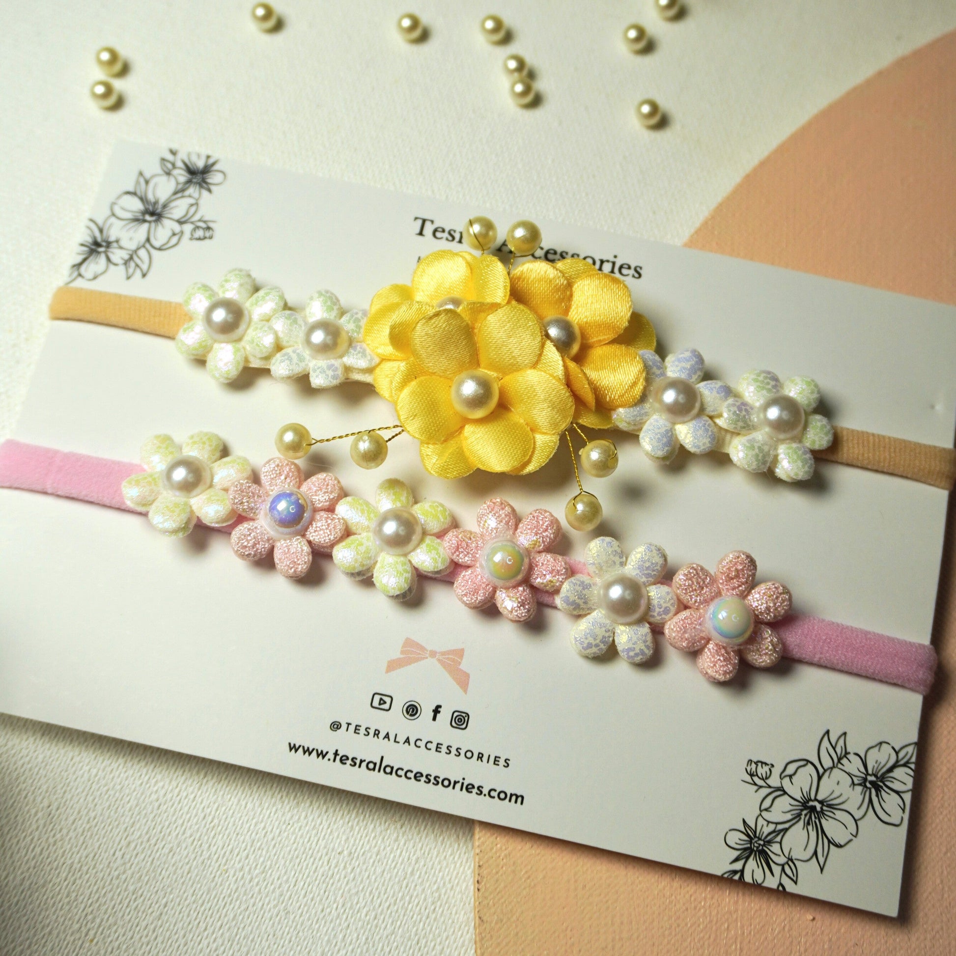 Set of two baby headbands with butter yellow flower trio and pink/white flowers