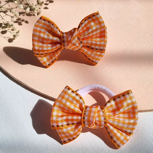 Handmade orange gingham ribbon bow hair ties for kids – Tesral festive collection