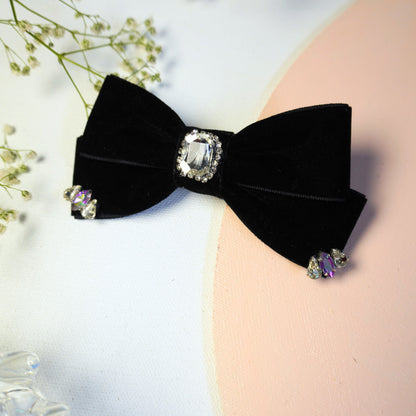 Black velvet hair bow with large rhinestone centerpiece – Tesral Accessories premium women’s hair bow