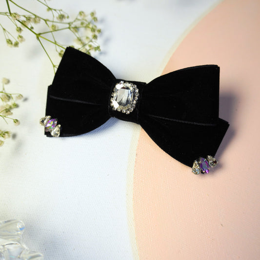 Black velvet hair bow with large rhinestone centerpiece – Tesral Accessories premium women’s hair bow