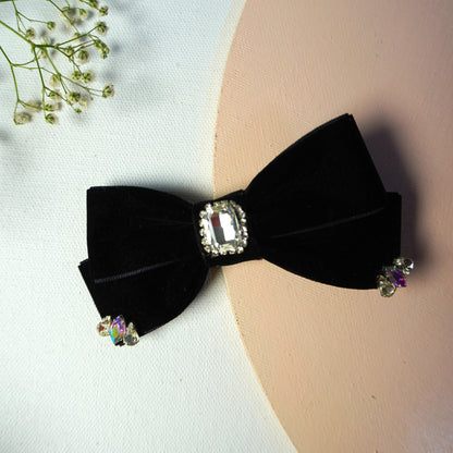 Elegant black velvet bow hair clip with crystal detailing – luxury hair accessory by Tesral Accessories