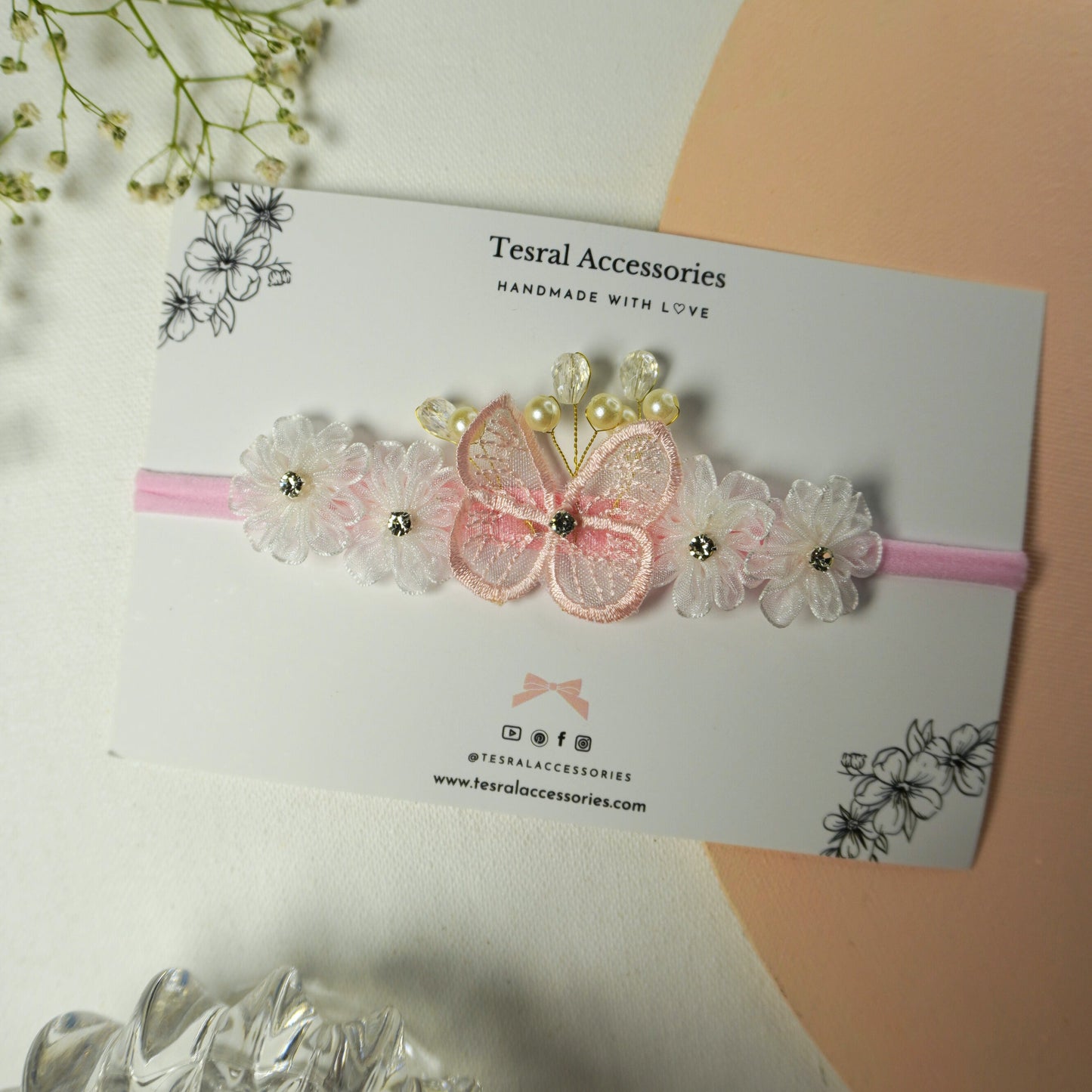 Handmade white organza flower headband with pink butterfly and pearl details